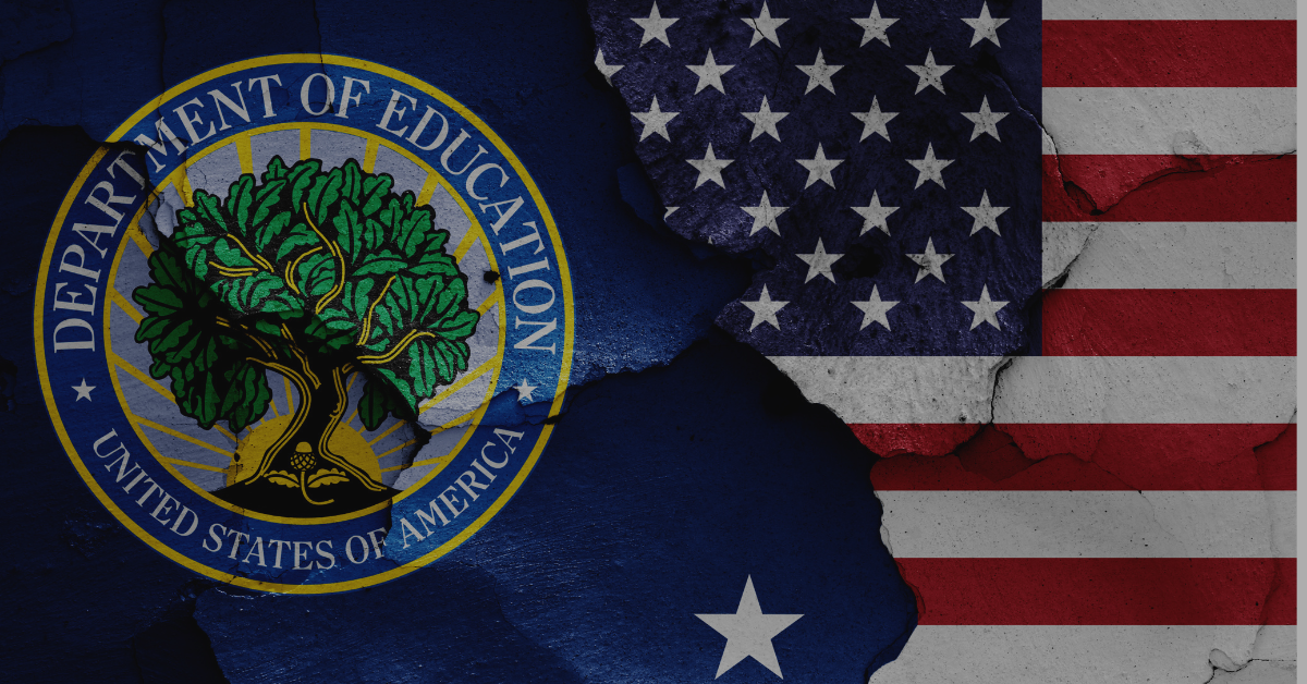 Department of Education seal beside a cracked American flag, symbolizing threats to public school funding and protections.
